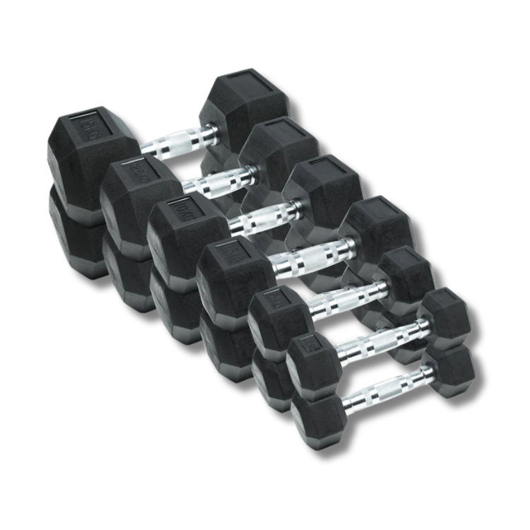 SET MANCUERNAS HEXAGONALES DE CAUCHO 105KG (PARES DE 2.5KG A 15KG) | MOVEON®